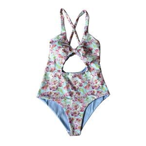 LINC One Piece Swimsuit size M Floral Cut Out Blue Pink
